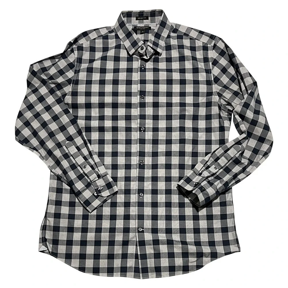 Banana Republic Navy and White Plaid No Iron Grant‎ Fit Button Down Shirt XL
